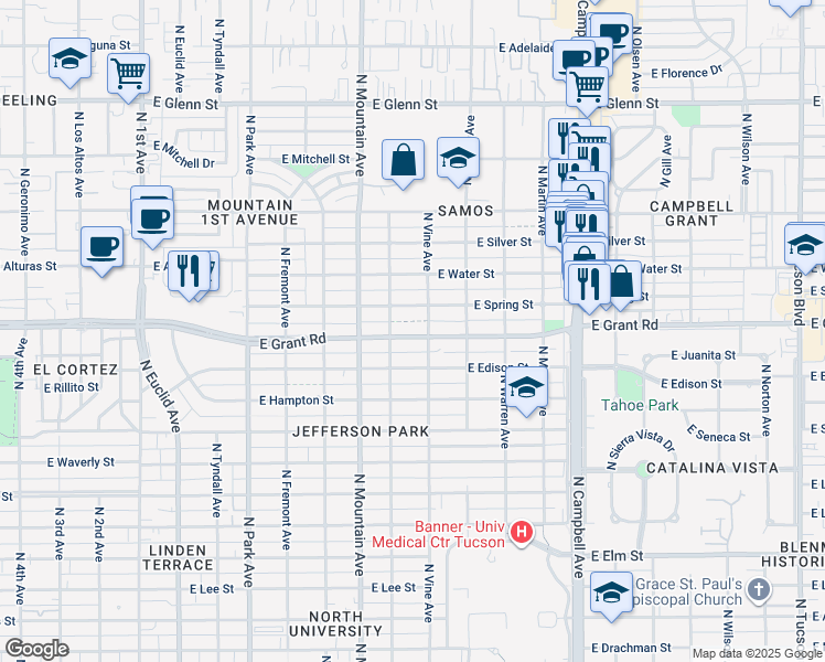 map of restaurants, bars, coffee shops, grocery stores, and more near 1417 East Grant Road in Tucson
