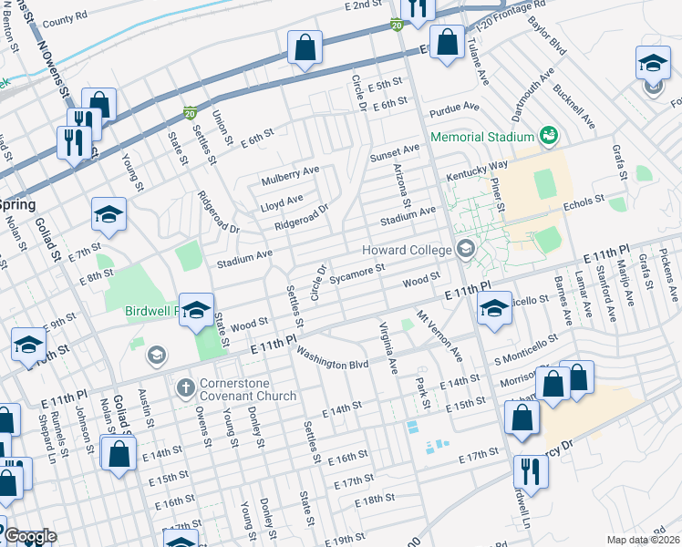 map of restaurants, bars, coffee shops, grocery stores, and more near 1403 Sycamore St in Big Spring