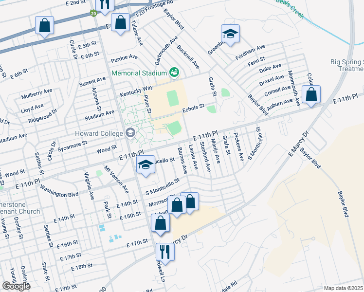 map of restaurants, bars, coffee shops, grocery stores, and more near 1103 Barnes Avenue in Big Spring