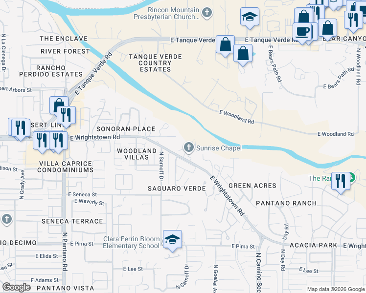 map of restaurants, bars, coffee shops, grocery stores, and more near 8381 East Wrightstown Road in Tucson