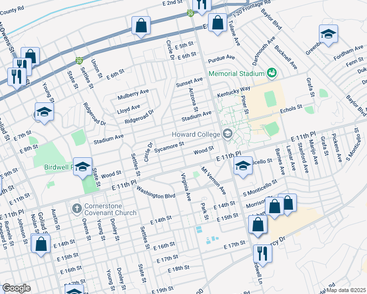 map of restaurants, bars, coffee shops, grocery stores, and more near Kenney Street in Big Spring