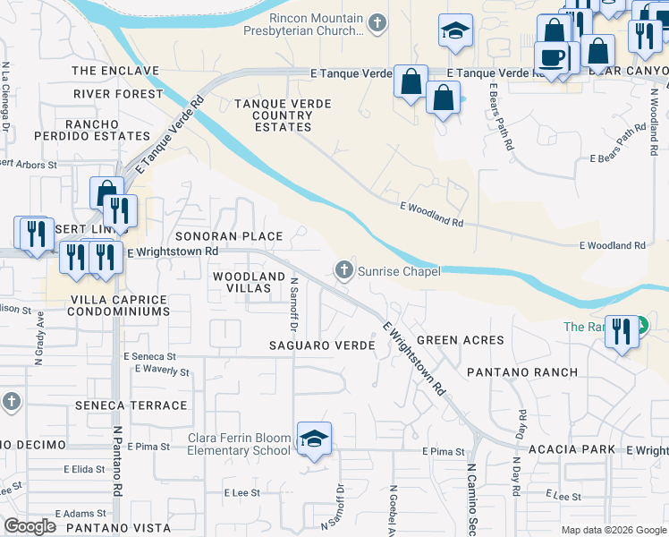 map of restaurants, bars, coffee shops, grocery stores, and more near 8381 East Wrightstown Road in Tucson