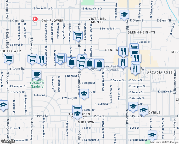 map of restaurants, bars, coffee shops, grocery stores, and more near 2334 North Catalina Avenue in Tucson
