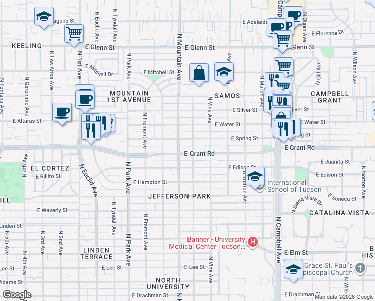 map of restaurants, bars, coffee shops, grocery stores, and more near 1337 East Grant Road in Tucson