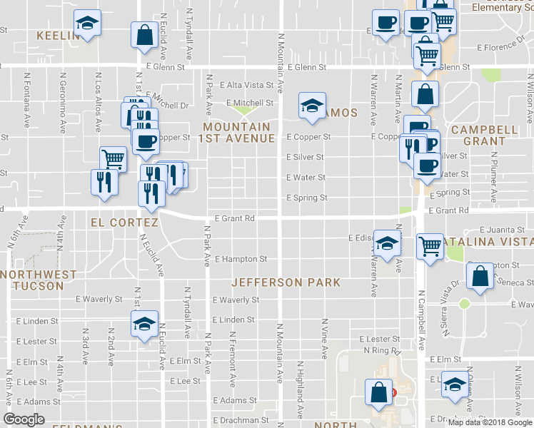 map of restaurants, bars, coffee shops, grocery stores, and more near 1217 East Grant Road in Tucson