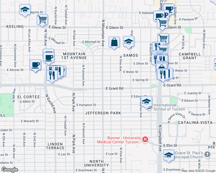 map of restaurants, bars, coffee shops, grocery stores, and more near 1337 East Grant Road in Tucson