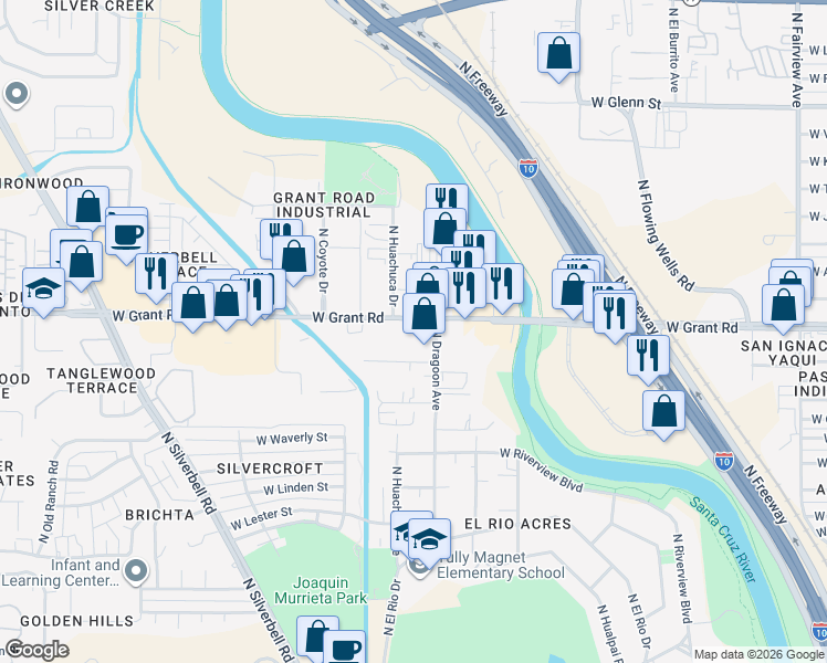 map of restaurants, bars, coffee shops, grocery stores, and more near 1693 West Grant Road in Tucson