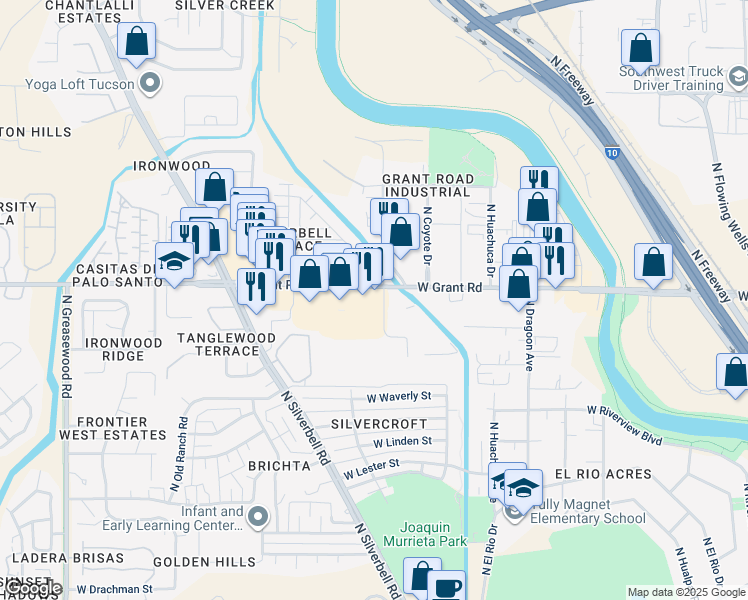 map of restaurants, bars, coffee shops, grocery stores, and more near 1905 West Grant Road in Tucson