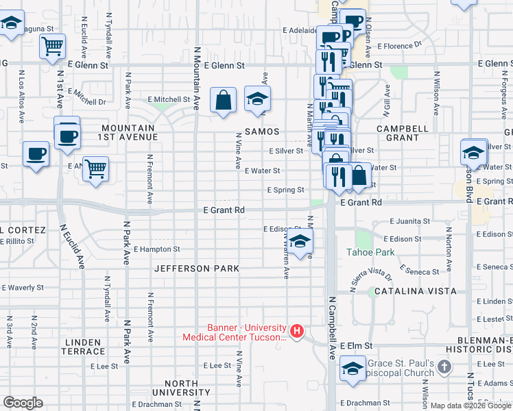 map of restaurants, bars, coffee shops, grocery stores, and more near 1575 East Grant Road in Tucson