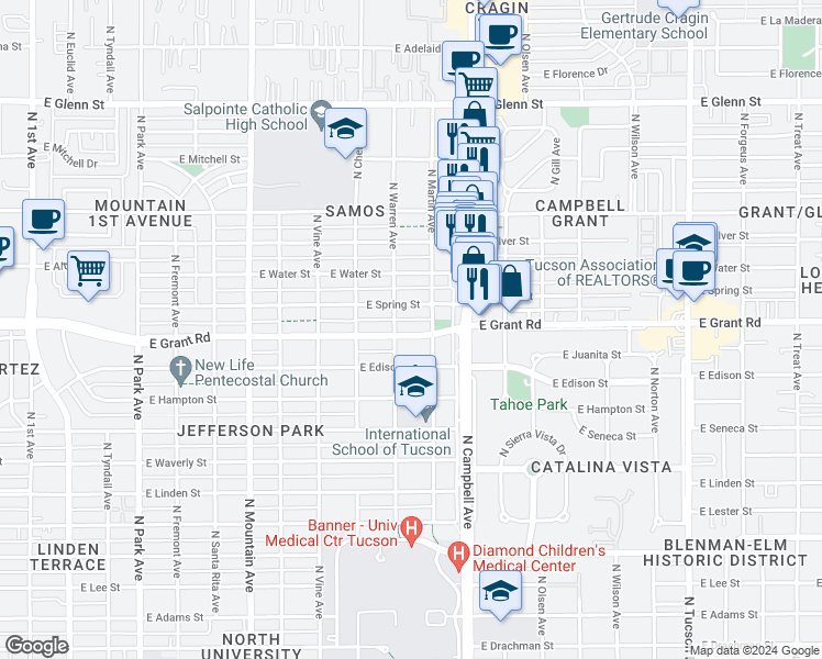 map of restaurants, bars, coffee shops, grocery stores, and more near 1715 East Grant Road in Tucson