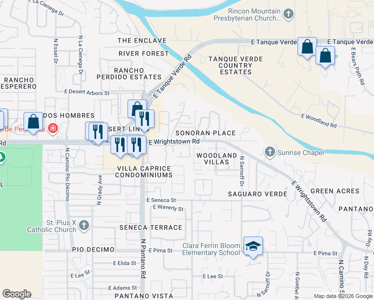 map of restaurants, bars, coffee shops, grocery stores, and more near 8032 East El Toro Circle in Tucson