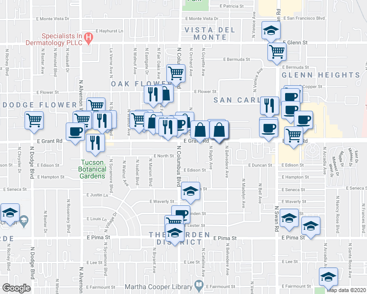 map of restaurants, bars, coffee shops, grocery stores, and more near 4302 East Grant Road in Tucson