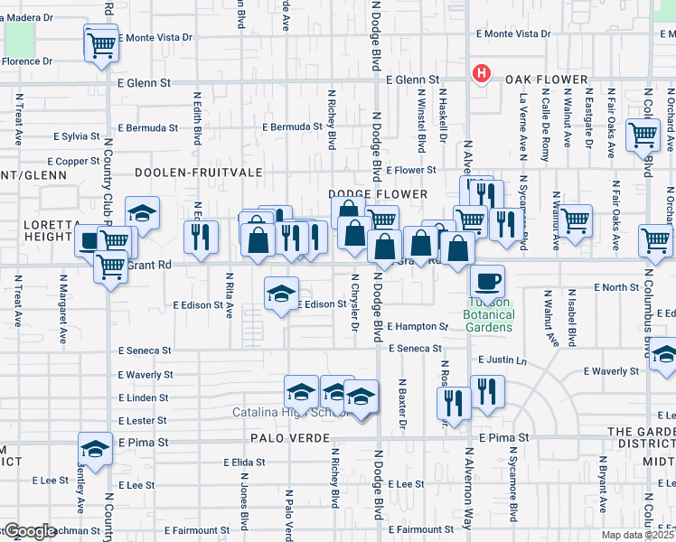 map of restaurants, bars, coffee shops, grocery stores, and more near 3602 East Grant Road in Tucson