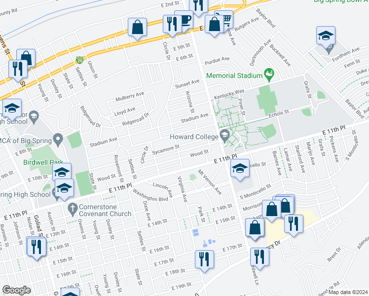 map of restaurants, bars, coffee shops, grocery stores, and more near 1509 Wood Street in Big Spring