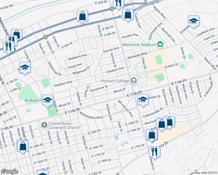 map of restaurants, bars, coffee shops, grocery stores, and more near Kenney Street in Big Spring