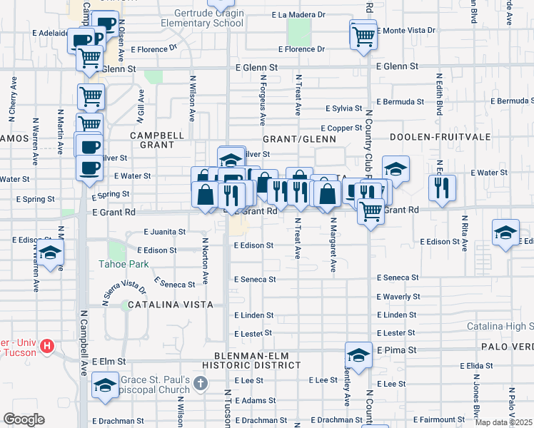 map of restaurants, bars, coffee shops, grocery stores, and more near 2612 East Grant Road in Tucson