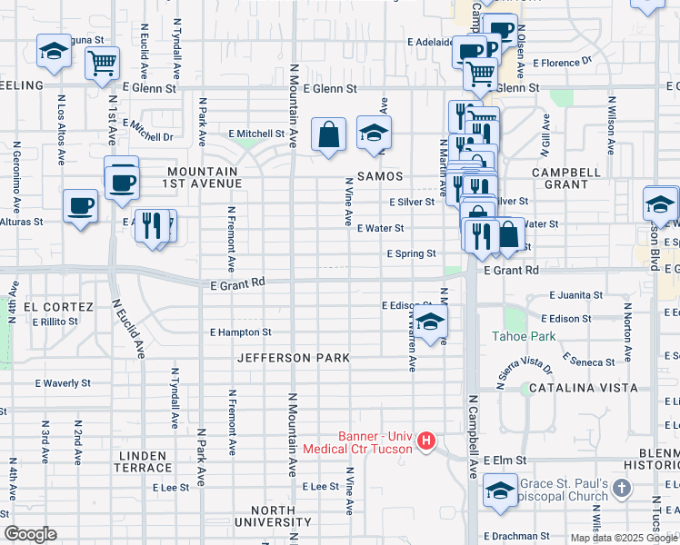map of restaurants, bars, coffee shops, grocery stores, and more near 1417 East Grant Road in Tucson