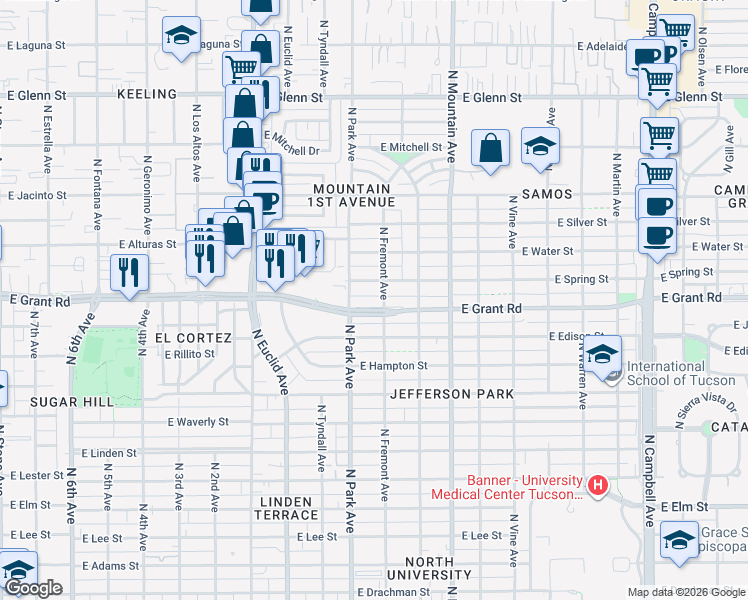 map of restaurants, bars, coffee shops, grocery stores, and more near 1019 East Grant Road in Tucson