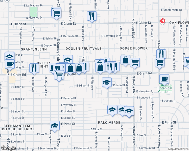map of restaurants, bars, coffee shops, grocery stores, and more near 3364 East Grant Road in Tucson