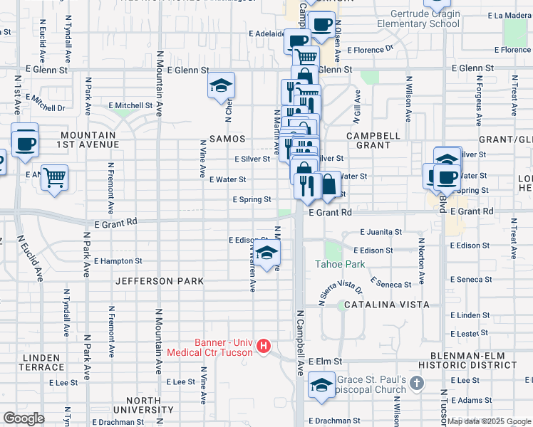 map of restaurants, bars, coffee shops, grocery stores, and more near 1717 East Grant Road in Tucson
