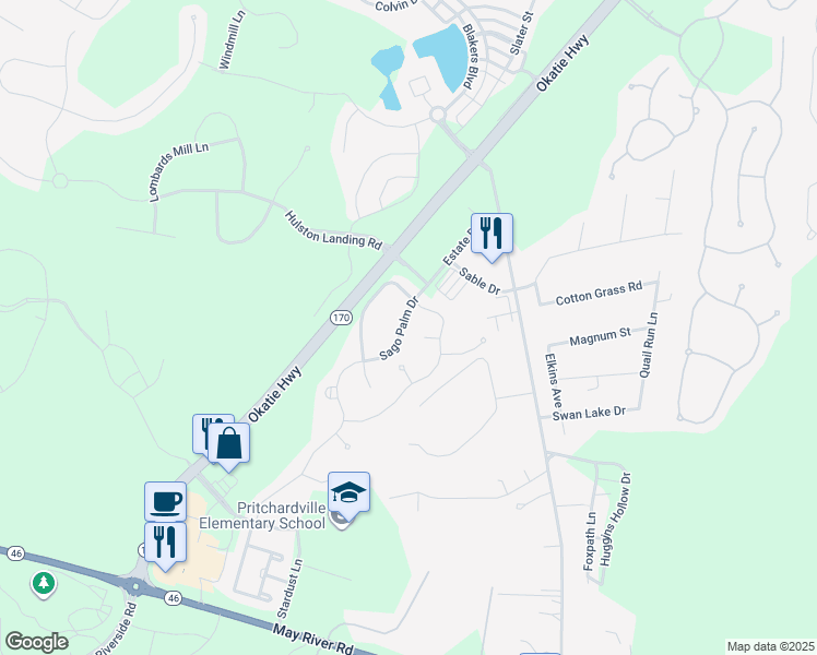 map of restaurants, bars, coffee shops, grocery stores, and more near 21 Sago Palm Drive in Bluffton
