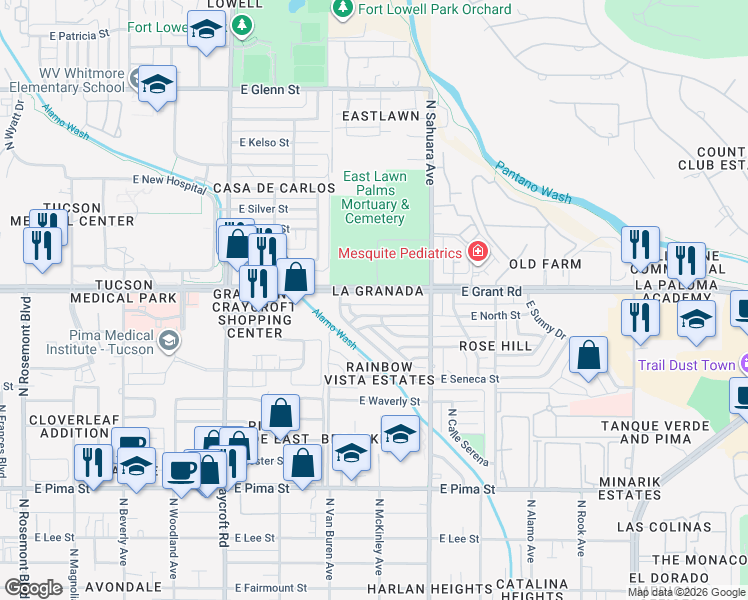 map of restaurants, bars, coffee shops, grocery stores, and more near 5751 East North Street in Tucson