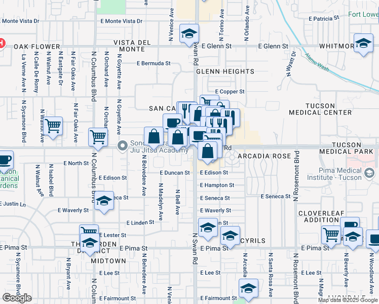 map of restaurants, bars, coffee shops, grocery stores, and more near 4656 East Grant Road in Tucson