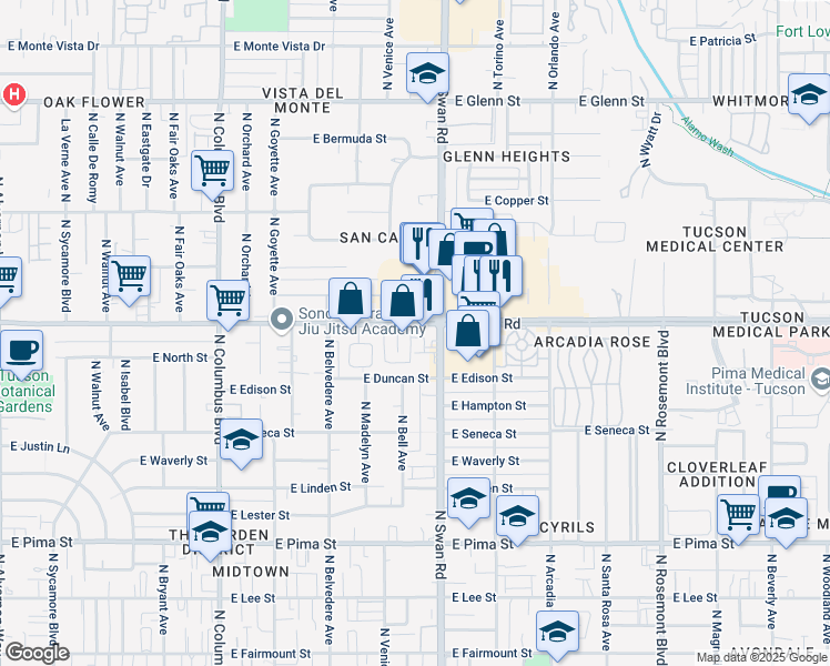 map of restaurants, bars, coffee shops, grocery stores, and more near 4656 East Grant Road in Tucson