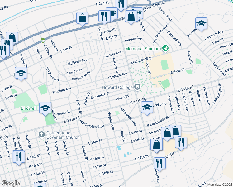 map of restaurants, bars, coffee shops, grocery stores, and more near 1509 Wood Street in Big Spring