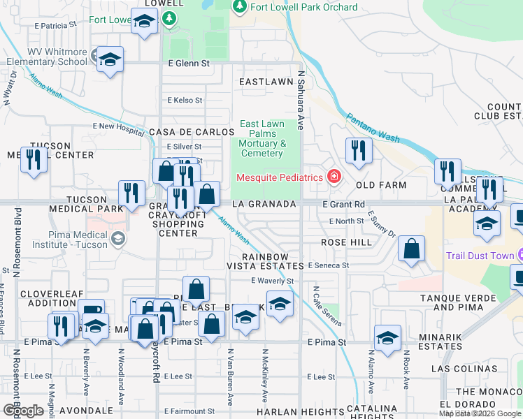 map of restaurants, bars, coffee shops, grocery stores, and more near 5751 East North Street in Tucson