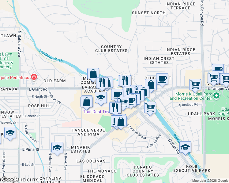 map of restaurants, bars, coffee shops, grocery stores, and more near 6500 East Grant Road in Tucson