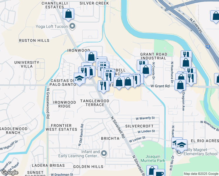 map of restaurants, bars, coffee shops, grocery stores, and more near 2075 West Grant Road in Tucson