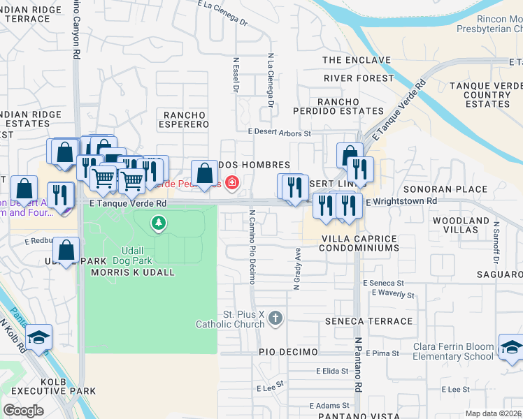 map of restaurants, bars, coffee shops, grocery stores, and more near 7619 East Callisto Circle in Tucson