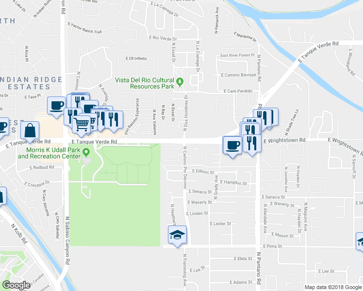 map of restaurants, bars, coffee shops, grocery stores, and more near 7597 East Camino De Querabi in Tucson