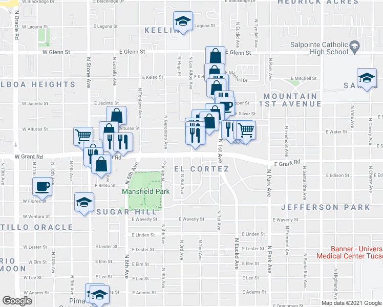 map of restaurants, bars, coffee shops, grocery stores, and more near E Grant Rd & N Los Altos Ave in Tucson