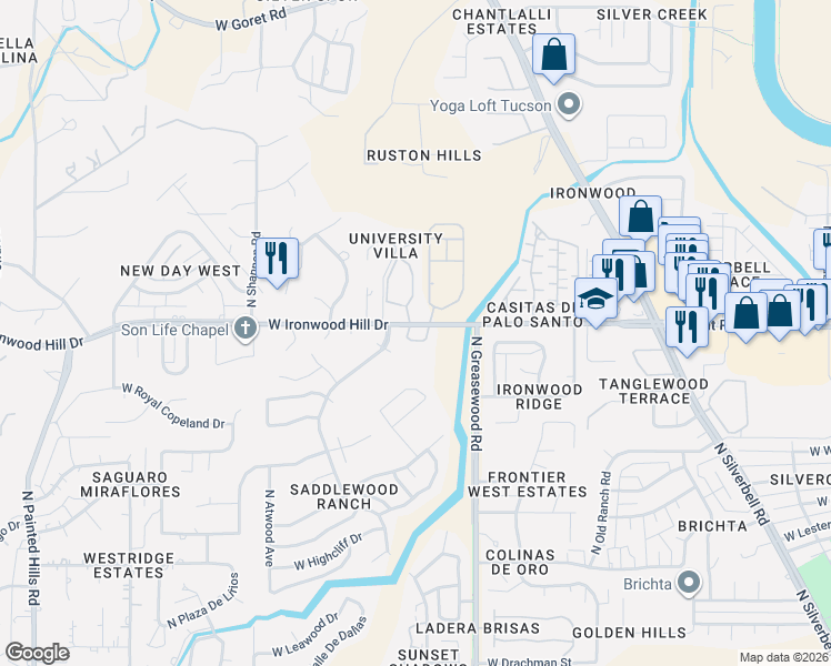 map of restaurants, bars, coffee shops, grocery stores, and more near 2596 Ironcrest Drive West in Tucson