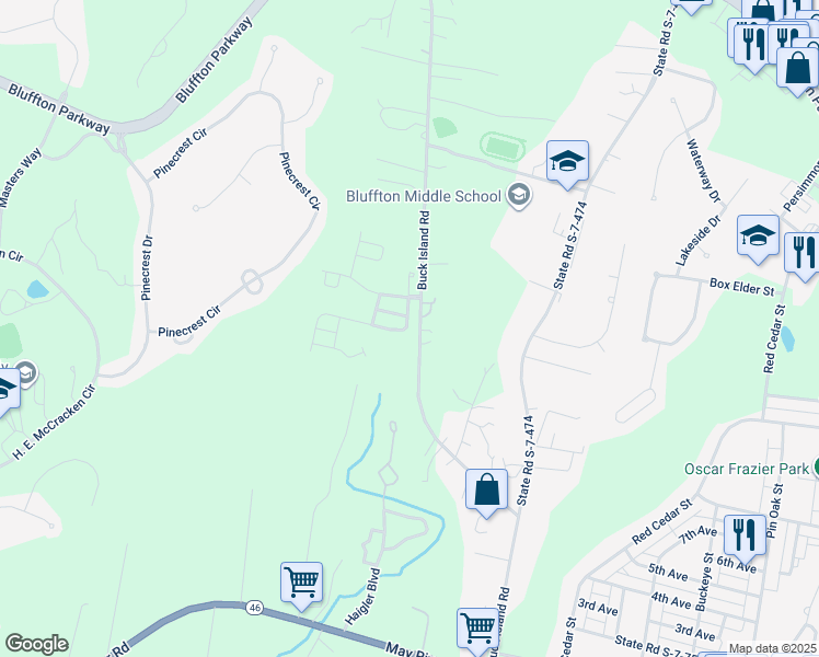 map of restaurants, bars, coffee shops, grocery stores, and more near 280 Buck Island Road in Bluffton