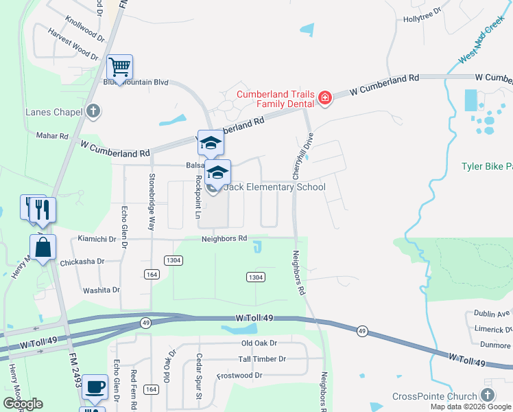 map of restaurants, bars, coffee shops, grocery stores, and more near 7372 Flat Rock Lane in Tyler