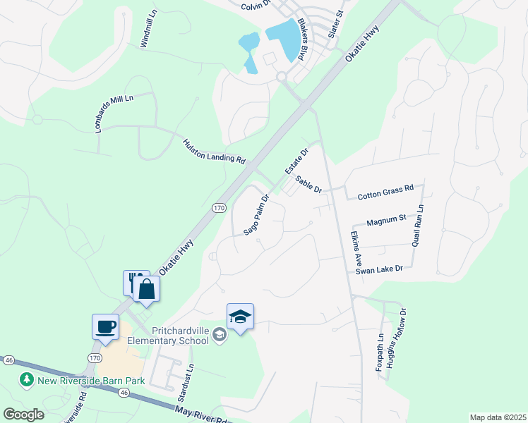 map of restaurants, bars, coffee shops, grocery stores, and more near 6 Nob Hill Court in Bluffton