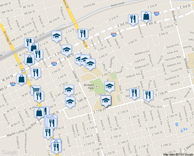 map of restaurants, bars, coffee shops, grocery stores, and more near 513 East 7th Street in Big Spring