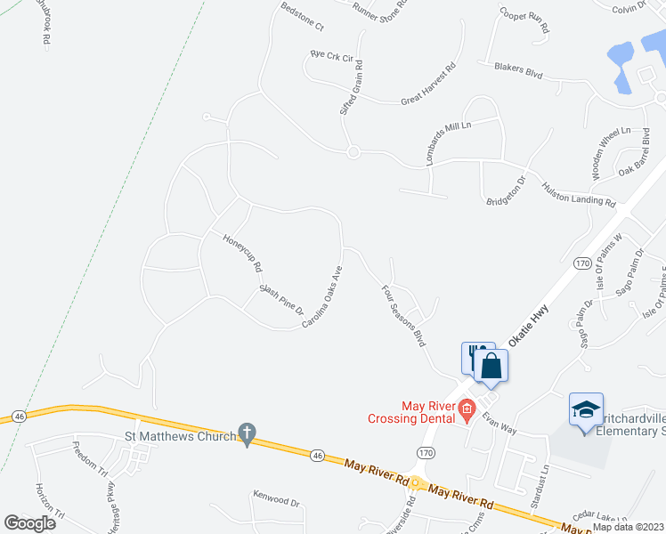 map of restaurants, bars, coffee shops, grocery stores, and more near 25 Carolina Oaks Avenue in Bluffton