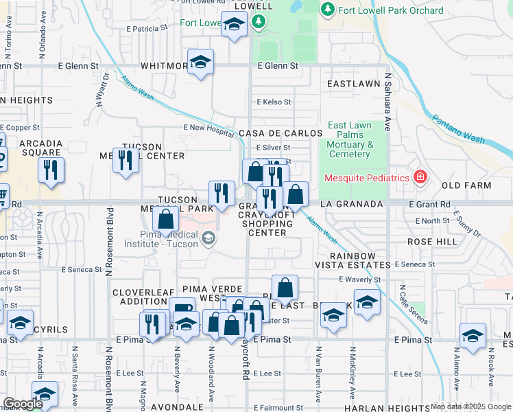 map of restaurants, bars, coffee shops, grocery stores, and more near 5508 East Grant Road in Tucson