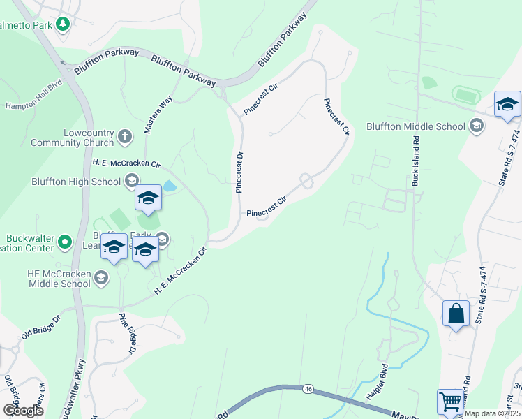 map of restaurants, bars, coffee shops, grocery stores, and more near 262 Pinecrest Circle in Bluffton