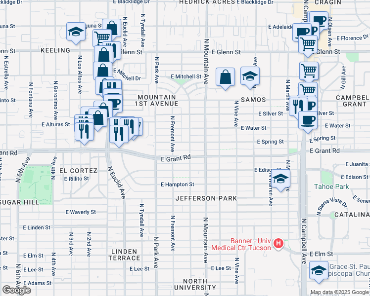 map of restaurants, bars, coffee shops, grocery stores, and more near 1145 East Grant Road in Tucson