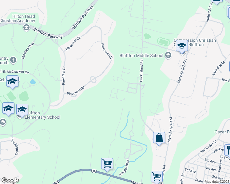 map of restaurants, bars, coffee shops, grocery stores, and more near 17 Twayblade Street in Bluffton