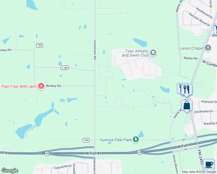 map of restaurants, bars, coffee shops, grocery stores, and more near 15901 County Road 178 in Tyler
