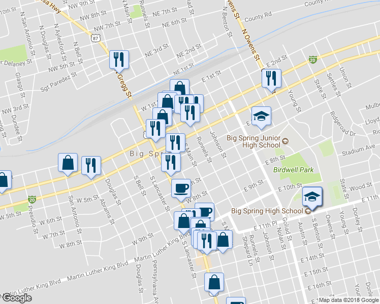 map of restaurants, bars, coffee shops, grocery stores, and more near in Big Spring
