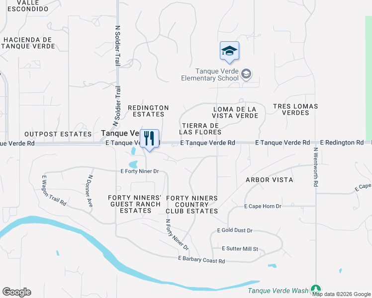 map of restaurants, bars, coffee shops, grocery stores, and more near 12160 East Tanque Verde Road in Tucson