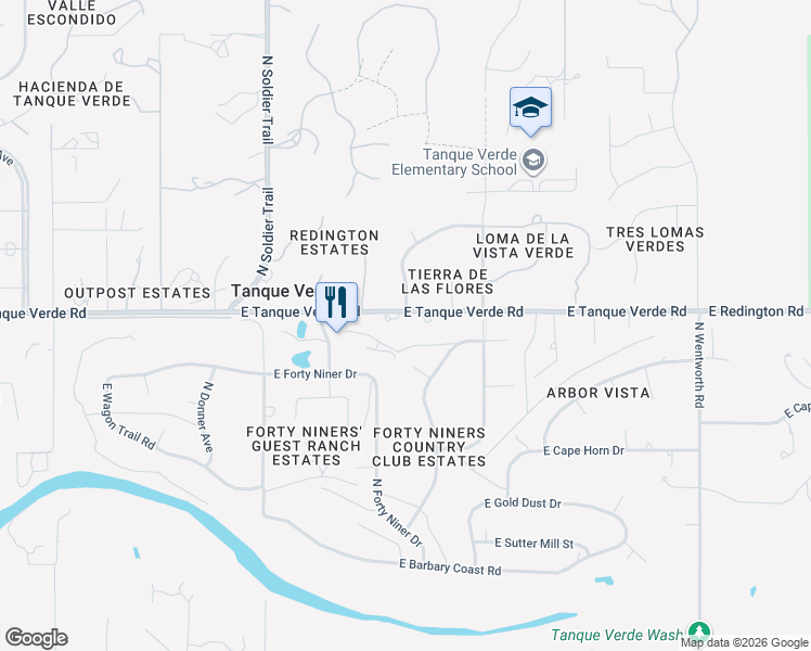 map of restaurants, bars, coffee shops, grocery stores, and more near 12120 East Tanque Verde Road in Tucson