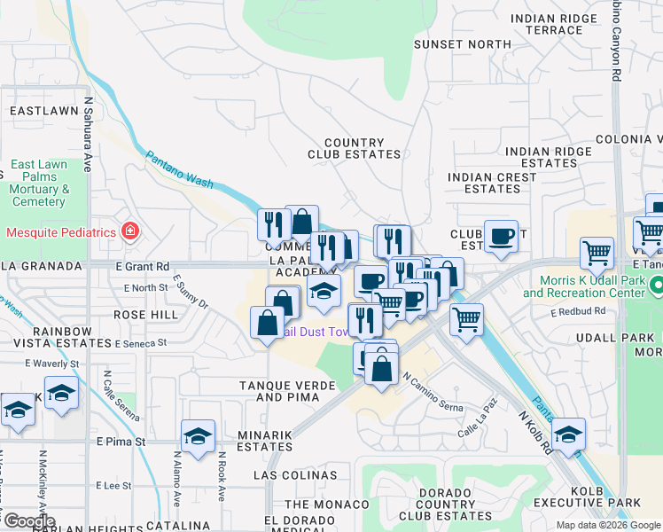 map of restaurants, bars, coffee shops, grocery stores, and more near in Tucson